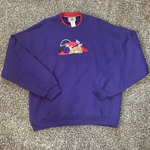 Vintage Cat Sleepy Hat Purse Sweatshirt Purple Top Stitch Size Large‎ Pullover